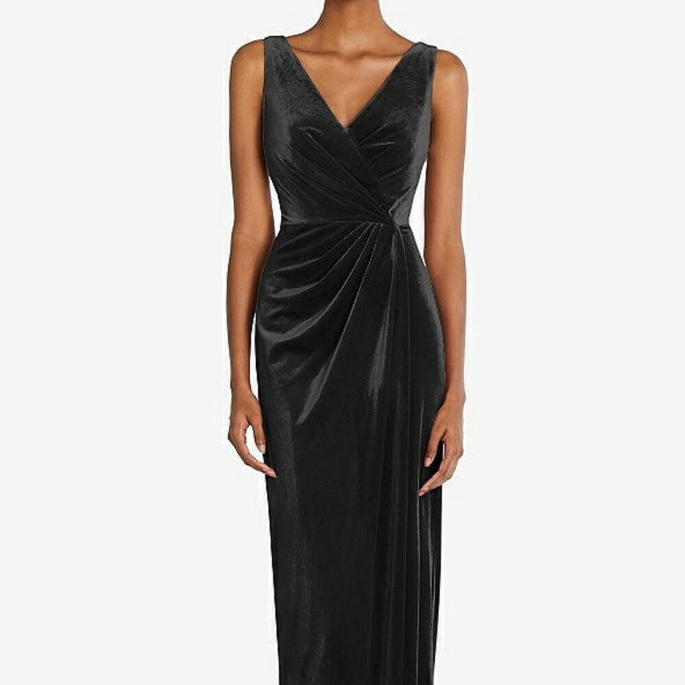 After Six 6861...Draped Skirt Faux Wrap Velvet Maxi Dress...Black...Size S